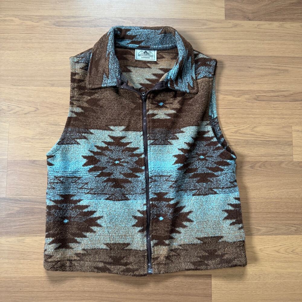 Women's Vintage Black Mountain Outdoor Brown Blue Fleece Aztec Zip Vest Sz Small